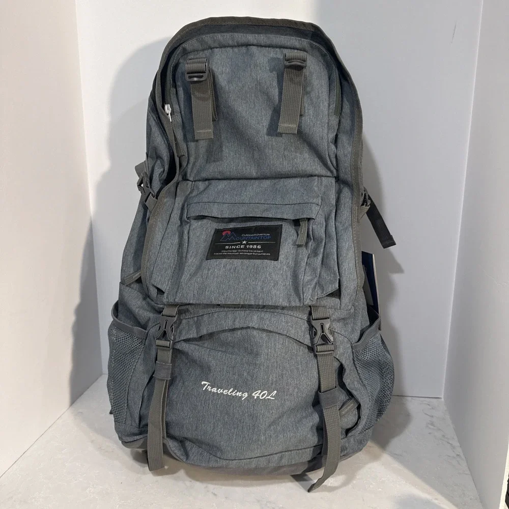 Hiking Backpack 40L Mountaintop Outdoor Adventure Traveling Gray  w Rain Cover